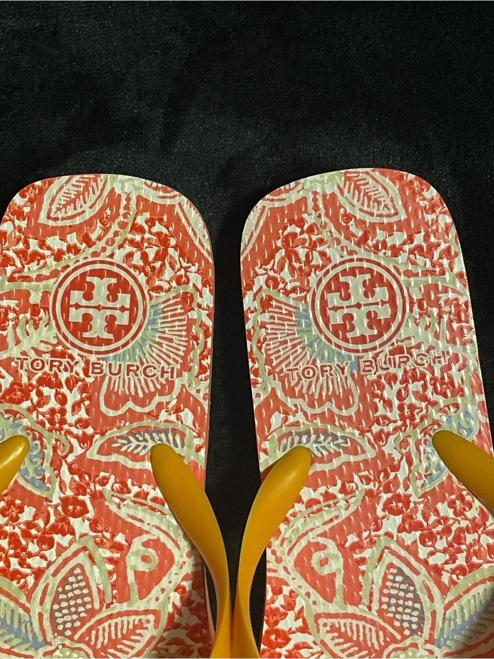 Tory Burch pretty orange color Strap logo on & bottom Floral Pattern Flip Flops